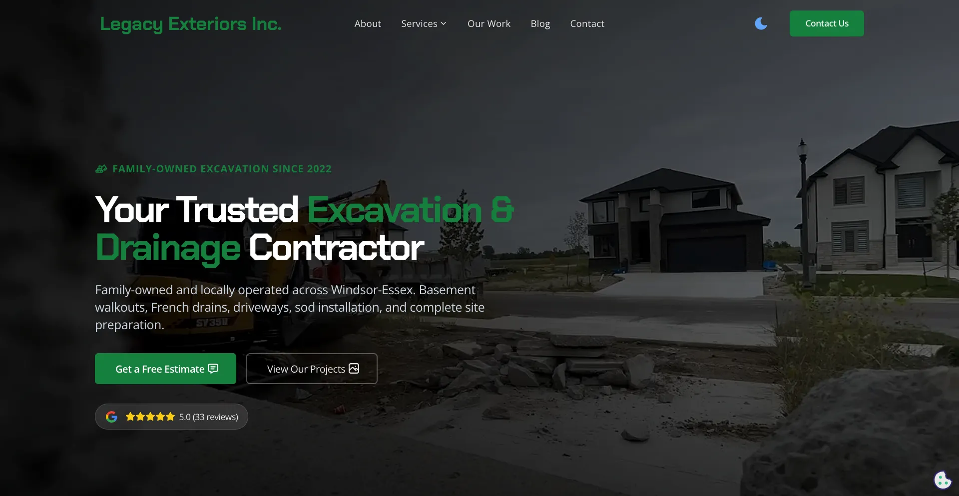 Screenshot of the Legacy Exteriors website homepage, featuring a bold landscaping hero image and prominent quote request button.