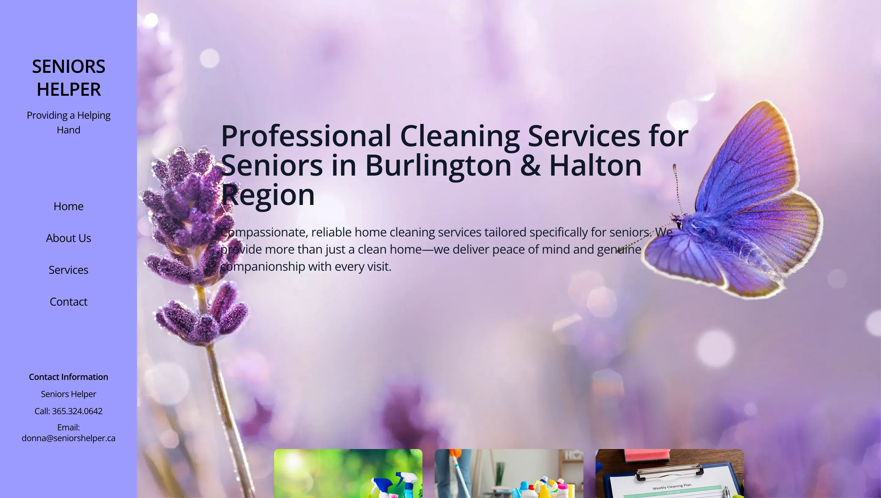 Screenshot of the Seniors Helper one-page website, with a warm hero section and clear contact form.